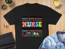Load image into Gallery viewer, Nurse t-shirt with medical terms and colorful font, including "Nurse," "Compassionate," "Shots," and "Caring."