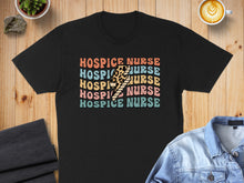 Load image into Gallery viewer, Black t-shirt with "Hospice Nurse" in colorful retro font and lightning bolt graphic.
