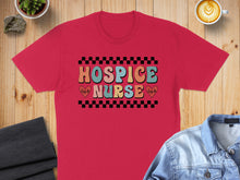 Load image into Gallery viewer, Red t-shirt with "HOSPICE NURSE" text, heart, and ECG graphic.