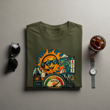 Load image into Gallery viewer, Olive green t-shirt with cartoon sun and solar flux meter graphic.
