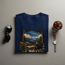 Load image into Gallery viewer, Navy t-shirt with graphic of a person using radio in the mountains.