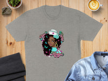 Load image into Gallery viewer, Graphic t-shirt with "Black Nurse Magic" text and illustration of a nurse.