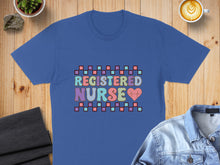 Load image into Gallery viewer, Blue t-shirt with "REGISTERED NURSE" in colorful, retro block letters and a heart.