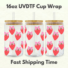 Load image into Gallery viewer, Strawberries Bows 16oz UVDTF Cup Wrap *Physical Transfer* UV DTF Transfers, Cup Wrap Transfers, Ready to Ship uvdtf