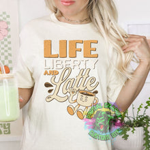 Load image into Gallery viewer, Life Liberty and Latte Ready to Press DTF Transfer, Patriotic DTF Transfers, Coffee DTF Transfer, Fourth of July Apparel dtf D0080