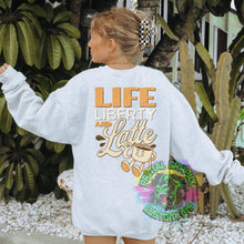 Load image into Gallery viewer, Life Liberty and Latte Ready to Press DTF Transfer, Patriotic DTF Transfers, Coffee DTF Transfer, Fourth of July Apparel dtf D0080