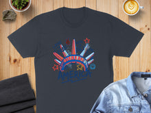 Load image into Gallery viewer, Dark t-shirt with graphic of the Statue of Liberty crown and "AMERICA" text.
