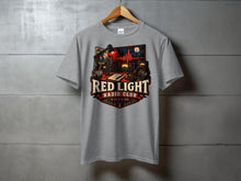 Load image into Gallery viewer, Gray t-shirt with "Red Light Radio Club" text and vintage radio equipment graphic.
