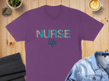 Load image into Gallery viewer, Purple t-shirt with "Nurse Life" text in leopard print and teal.

