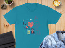 Load image into Gallery viewer, Teal t-shirt with "She works with her hands" and medical graphics.
