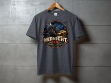 Load image into Gallery viewer, Dark grey t-shirt with "Midnight DX" graphic of person at radio, moon, and globe.
