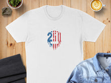 Load image into Gallery viewer, White t-shirt with patriotic dripping "250" shield logo.
