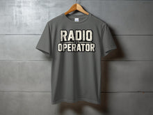 Load image into Gallery viewer, Grey t-shirt with distressed "RADIO OPERATOR" text and radio wave symbol.
