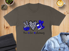 Load image into Gallery viewer, Gray t-shirt with leopard print peace sign, heart, and pill bottle graphic.
