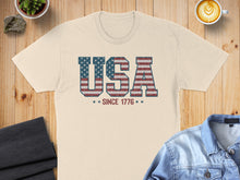 Load image into Gallery viewer, Cream t-shirt with "USA Since 1776" text in distressed American flag print.

