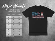 Load image into Gallery viewer, Next Level 3600 unisex t-shirt size chart with measurements in inches.
