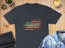 Load image into Gallery viewer, Dark t-shirt with distressed American flag graphic and "Freedom" text.
