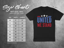 Load image into Gallery viewer, Next Level 3600 unisex cotton t-shirt size chart with measurements.

