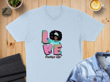 Load image into Gallery viewer, Light blue t-shirt with "LOVE nurse life" text and a woman with butterflies.
