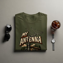 Load image into Gallery viewer, Green t-shirt with "MY ANTENNA" text and antenna graphic.
