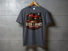 Load image into Gallery viewer, Dark gray t-shirt with "RED LIGHT RADIO CLUB" graphic and radio station scene.
