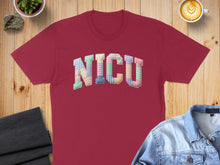 Load image into Gallery viewer, Maroon t-shirt with "NICU" in a patchwork fabric applique.

