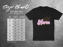 Load image into Gallery viewer, Size chart for Next Level 3600 unisex cotton t-shirt with "Blessed Nurse" graphic.
