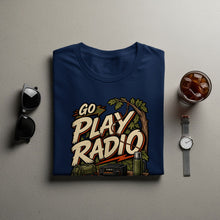 Load image into Gallery viewer, Navy t-shirt with "Go Play Radio" graphic and camping gear illustration.
