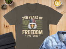 Load image into Gallery viewer, T-shirt with eagle, American flag bandana, and text "250 YEARS OF FREEDOM".
