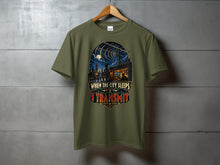 Load image into Gallery viewer, Olive green t-shirt with "When the city sleeps I transmit" graphic.
