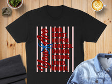 Load image into Gallery viewer, Black t-shirt with red text reading "Kind, Smart, Helpful, Grateful, Strong, Loved, Enough" and a blue bow.
