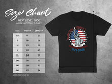 Load image into Gallery viewer, Size chart for Next Level 3600 t-shirt with measurements and patriotic graphic.
