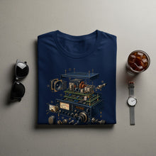 Load image into Gallery viewer, Navy t-shirt with an exploded view illustration of a ham radio transceiver.

