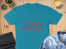 Load image into Gallery viewer, Turquoise t-shirt with "America" text in red and blue checkered pattern.
