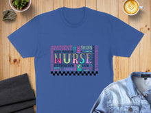 Load image into Gallery viewer, Blue t-shirt with colorful Nurse word cloud design featuring stethoscope and thermometer graphics.
