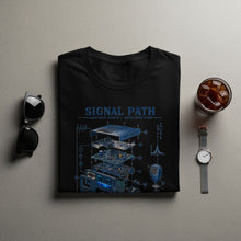 Load image into Gallery viewer, Black t-shirt with an exploded view diagram of amateur radio equipment and text.
