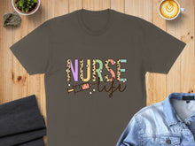 Load image into Gallery viewer, Nurse life text with a syringe, leopard print, and pastel colors on a grey t-shirt.
