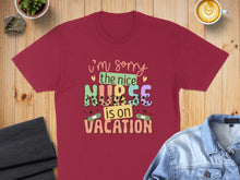 Load image into Gallery viewer, Burgundy t-shirt with "I'm sorry the nice nurse is on vacation" text.
