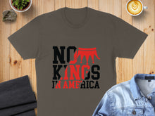 Load image into Gallery viewer, Dark grey t-shirt with "NO KINGS IN AMERICA" text and red crown graphic.
