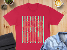 Load image into Gallery viewer, Red t-shirt with "Helping Little Minds Grow" text and teal stripes.
