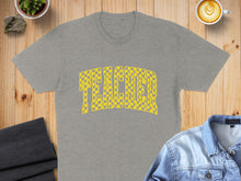 Load image into Gallery viewer, Grey t-shirt with "TEACHER" text in a checkered yellow and grey pattern.
