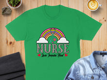 Load image into Gallery viewer, Green t-shirt with "NURSE Love Inspire Heal" text and rainbow stethoscope.
