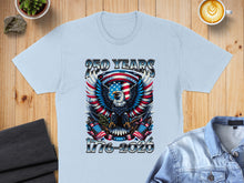 Load image into Gallery viewer, Light blue t-shirt featuring a patriotic eagle, American flags, and "250 YEARS 1776-2020".
