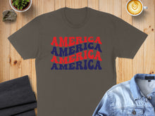 Load image into Gallery viewer, Gray t-shirt with "AMERICA" repeated in red, white, and blue lettering.
