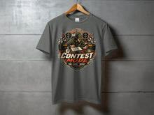 Load image into Gallery viewer, Gray t-shirt with "Contest Mode Run Rate Repeat" graphic featuring a ham radio operator.
