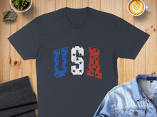 Load image into Gallery viewer, Dark grey t-shirt with distressed USA stars and stripes lettering.
