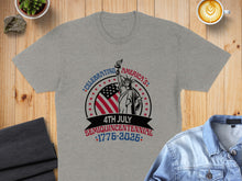Load image into Gallery viewer, Grey t-shirt with "Celebrating America's 4th July Semiquincentennial 1776-2026" graphic.
