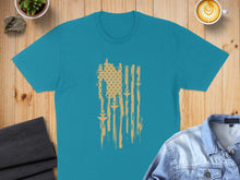 Load image into Gallery viewer, Teal t-shirt with distressed American flag graphic.
