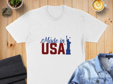 Load image into Gallery viewer, White t-shirt with "Made in USA" text and Statue of Liberty graphic.
