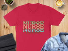 Load image into Gallery viewer, Red t-shirt with "NURSE LOVE INSPIRE HEAL" text in colorful lettering.
